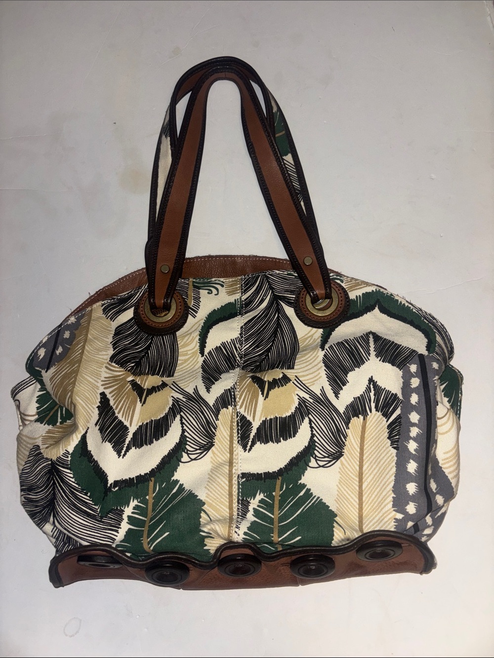 LUCKY PENNY FOR ANTHROPOLOGY TROPICAL LEAF AND FEATHER PRINT CANVAS AND LEATHER